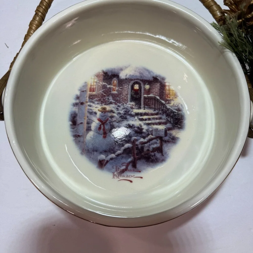 Thomas Kinkade Village Christmas Snowman Bowl Vintage 2000 Holiday Decor